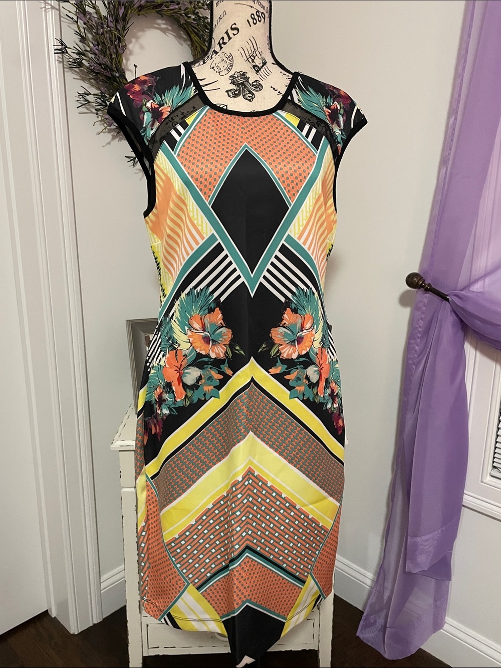 Bisou Bisou Black Floral & Geometric Midi Dress with Orange and Yellow Accents